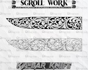 Può includere: Due immagini in bianco e nero di intricati disegni a volute per un coltello. Il testo "SCROLL WORK" e "KA-BAR KNIFE" è incluso nell'immagine.