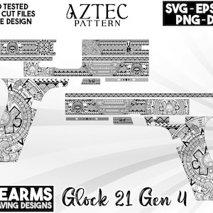 May include: Black and white digital download of an Aztec pattern design for a Glock 21 Gen 4 pistol. The design includes a repeating pattern of geometric shapes and symbols. The design is labeled "AZTEC PATTERN" and includes the file types SVG, EPS, AI, PNG, and DXF.