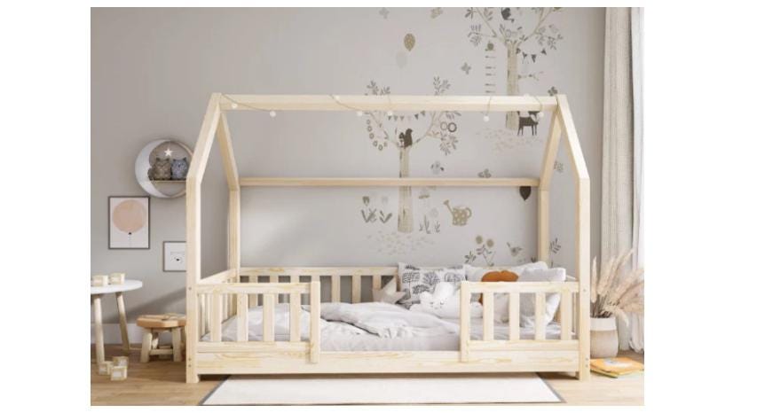 Montessori Floor House Bed, Natural Wood Toddler Cot with Barriers, Kids Bed Frame, Scandinavian Style Sleeper, Platform Bed