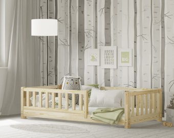 Montessori Floor House Bed, Natural Wood Toddler Cot with Barriers, Kids Bed Frame, Scandinavian Style Sleeper, Platform Bed