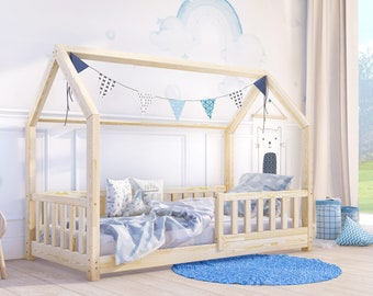 Montessori Floor House Bed, Natural Wood Toddler Cot with Barriers, Kids Bed Frame, Scandinavian Style Sleeper, Platform Bed