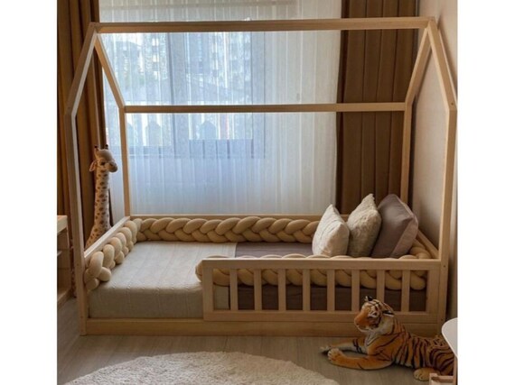 Montessori Floor Bed with Rails - Wooden House Bed for Kids - Solid Pine Toddler Bed - Large Sizes, Low Floor Design, Natural Wood