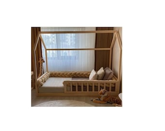 Montessori Floor Bed with Rails - Wooden House Bed for Kids - Solid Pine Toddler Bed - Large Sizes, Low Floor Design, Natural Wood