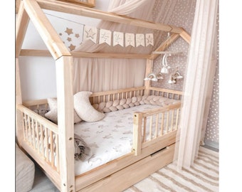 Cama Montessori con cajón, cama infantil, cama de juego, cama infantil de madera, cama de suelo, cama de aventura, cama para niños pequeños