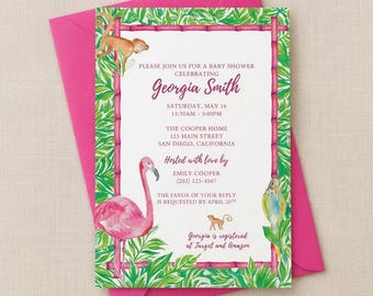 Hot Pink Watercolor Flamingo Invitation Canva Template (Digital Download)