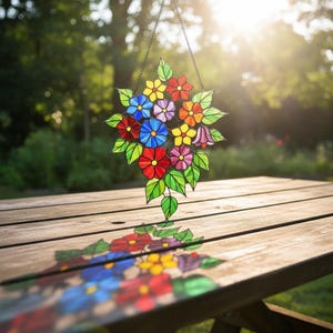 Grünes Blatt und bunte Blume Suncatcher - Lebendiges Buntglasfenster Hängendes Dekorationsgeschenk für Naturliebhaber und Gartenhaus