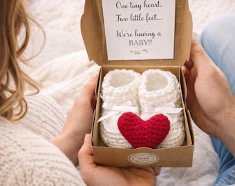 Crochet Baby Booties & Heart Pregnancy Announcement Box | Grandparents Reveal Keepsake