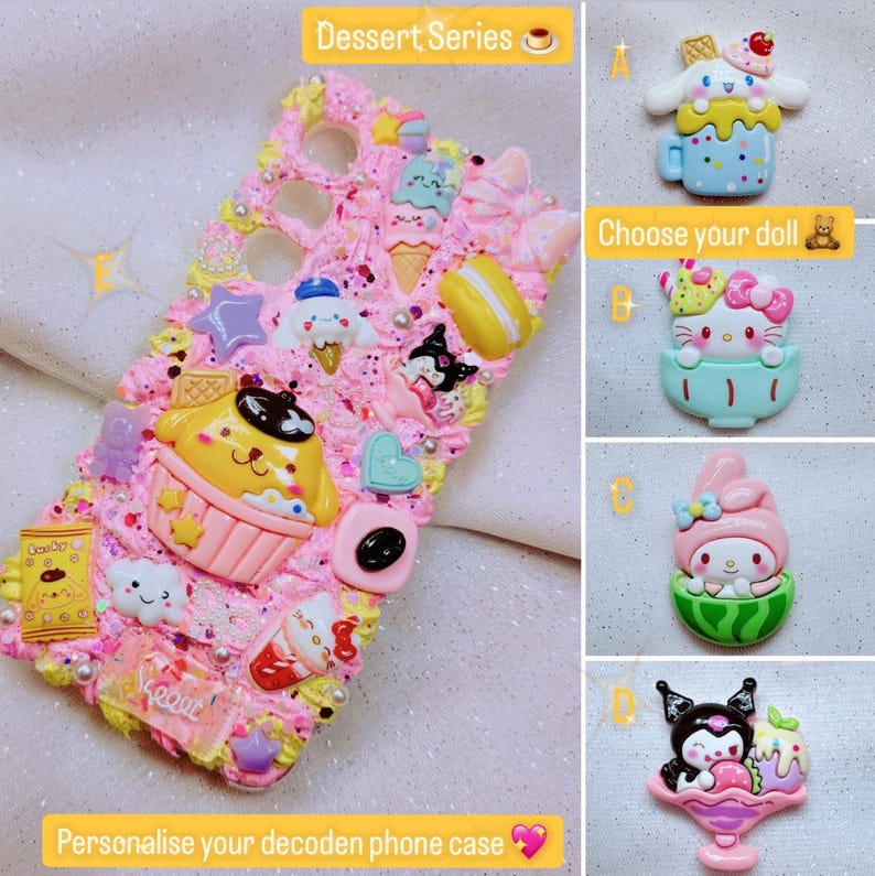 May include: A pink and white phone case with a variety of colorful decorations, including a cartoon dog, a cupcake, and a strawberry. The case is decorated with glitter and rhinestones. The text "Dessert Series" is at the top of the image. The text "Personalise your decoden phone case" is at the bottom of the image.  The image also shows a variety of different character options for the phone case, including a dog, a cat, and a rabbit.