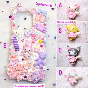 May include: A white phone case decorated with colorful 3D embellishments, including a pink teddy bear, a pink and white candy cane, and a pink and white heart. The case also features a pink and white "Sweet" banner and a pink and white "Baby" banner. The case is customizable with a choice of four different dolls: a pink Hello Kitty doll, a yellow dog doll, a black and white cat doll, and a white and pink dog doll.