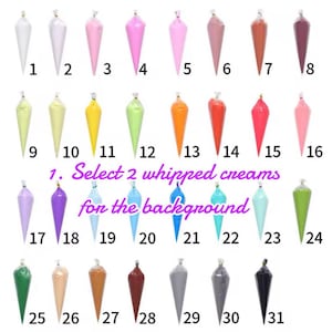 May include: A selection of 31 piping bags filled with various colors of whipped cream, numbered 1-31. The image includes text that reads, "1. Select 2 whipped creams for the background."