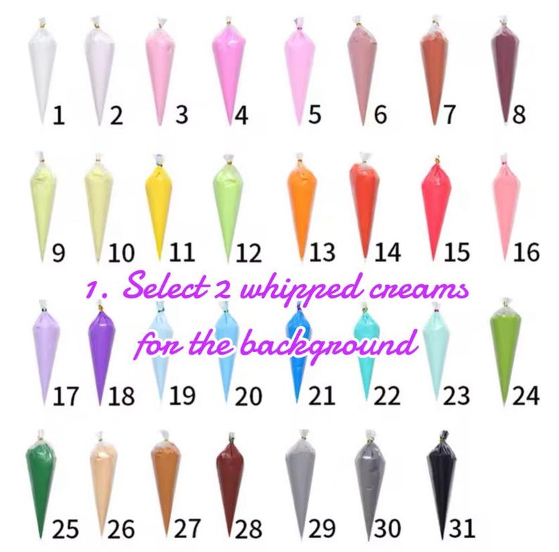 May include: A selection of 31 piping bags filled with various colors of whipped cream, numbered 1-31. The image includes text that reads, "1. Select 2 whipped creams for the background."