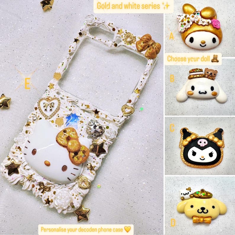 Peut inclure: Une coque de t&eacute;l&eacute;phone d&eacute;cor&eacute;e de blanc et d'or avec un motif de personnage Hello Kitty. Choisissez votre poup&eacute;e : A, B, C ou D. S&eacute;rie or et blanc.