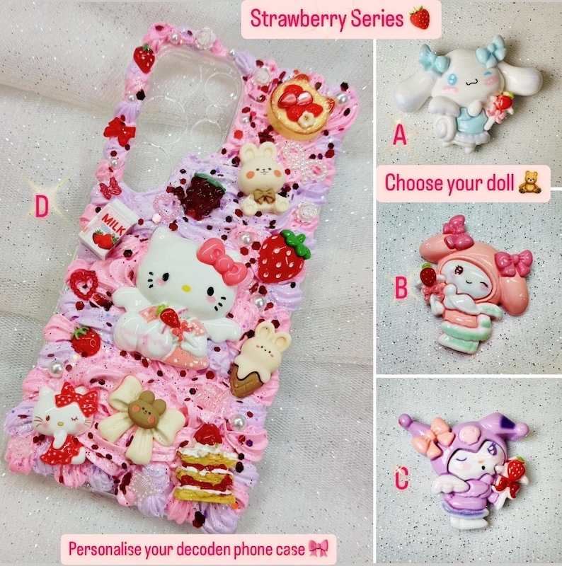 Peut inclure: Une coque de t&eacute;l&eacute;phone rose et violette d&eacute;cor&eacute;e d'embellissements 3D, dont un personnage de dessin anim&eacute;, des fraises et un carton de lait. Le texte "Strawberry Series" et "Choose your doll" est visible.