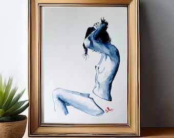 Elegante aquarelillustratie van een vrouw in euforische stijl. Monochroom blauw artistiek kunstwerk.