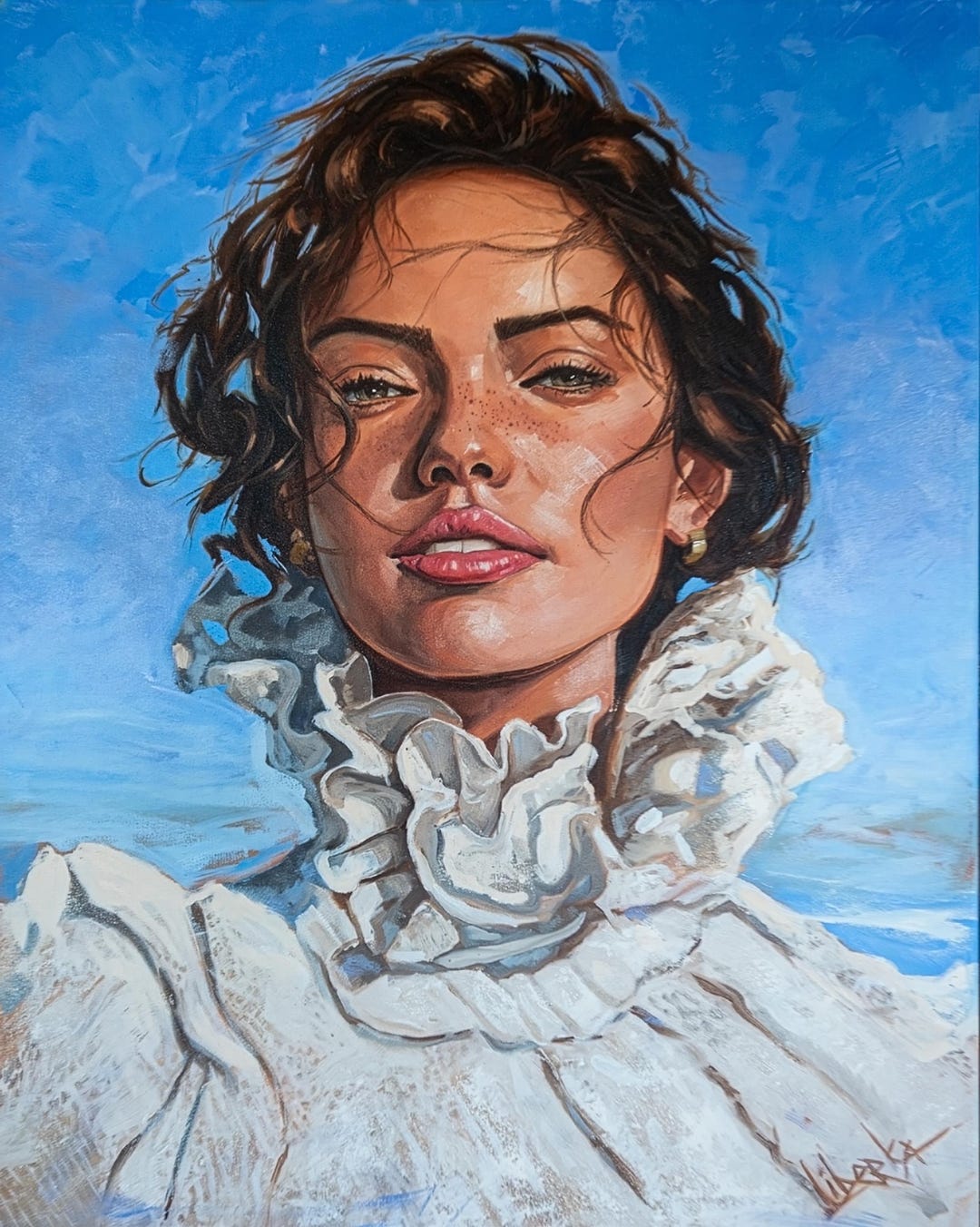 Original Oil Painting Portrait – Elegant Woman in White Ruffles, Modern ...