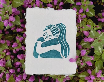 Handgedruckter Linoldruck The Hug auf handgeschöpftem Papier - Druckgrafik