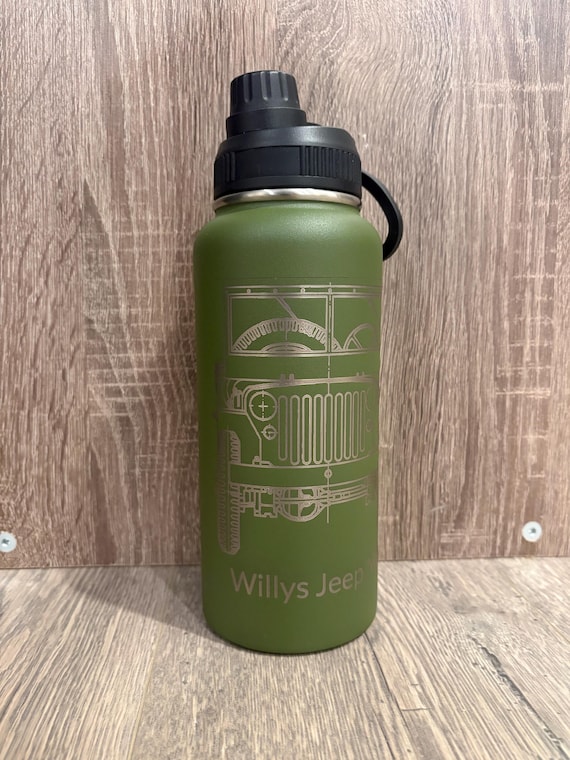 Laser Engraved Willys Jeep MB Water Bottle | WWII Jeep Design | Custom Stainless Steel Bottle | Off-Road Gift | Jeep Lover Gift