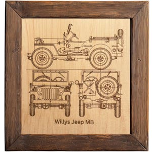 Puede incluir: Obra de arte enmarcada en madera con un plano detallado de un Willys Jeep MB. El diseño está grabado en un panel de madera de color claro, mostrando el vehículo desde múltiples ángulos. El marco es de color marrón oscuro.