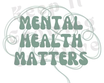 Può includere: Un design grafico verde e bianco con il testo "Mental Health Matters" in un font stilizzato. Il testo è circondato da una serie di cerchi sovrapposti.