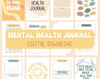 May include: A digital download of a mental health journal with a yellow, green, and brown color scheme. The cover features the text "Mental Health Journal" in a retro font. The journal includes pages for tracking mood, goals, and gratitude.