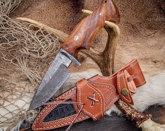 Forged DAMASCUS HUNTING KNIFE With camel Bone Handle Gift For Father Wedding Gift Bowie Knife Birthday Gift Anniversary Gift Camping knife