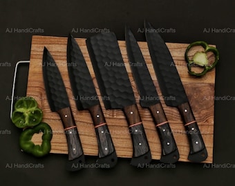 Handmade Damascus Steel Chef Knife Set, 5 Piece, Carbon Steel Blade