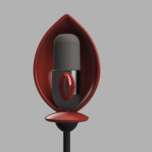 May include: A red microphone stand with a black microphone inside. The stand is shaped like a flower.