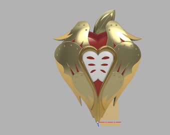 May include: A gold heart-shaped ornament with a red heart in the center. The heart has a white design with a stylized pattern. The ornament is decorated with gold wings on either side.