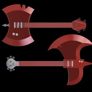 May include: Two red axe-shaped electric guitars with silver hardware. The guitars have a unique design with a pointed axe head and a long neck.