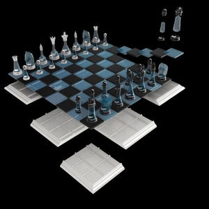 May include: A glass chess set with black and white squares. The pieces are arranged on the board in a mid-game position. The board is tilted at an angle, and the pieces are partially obscured by the board's edges.