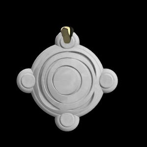May include: A white pendant with a circular design featuring concentric circles and four smaller circles at the corners. The pendant has a gold-colored bail at the top.