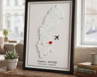Mapa en relieve 3D personalizado enmarcado, recuerdo de viaje personalizado, regalo de aniversario