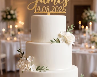 Custom Wedding Cake Topper with Names and Date, Personalized 3D Printed Gold Cake Decoration