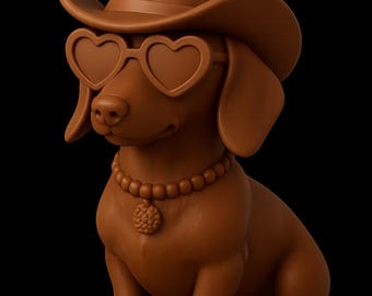 Llavero de perro salchicha: sombrero de vaquero y gafas de sol en forma de corazón - Amuleto de perro salchicha - Archivo STL - Descarga digital