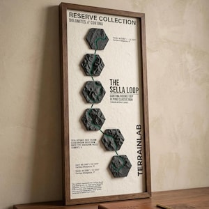 Puede incluir: Una pieza de arte mural enmarcada titulada Reserve Collection Dolomites Cortina The Sella Loop, que presenta seis baldosas de terreno 3D hexagonales de color gris oscuro dispuestas verticalmente con una línea verde que las conecta, sobre un fondo texturizado claro.