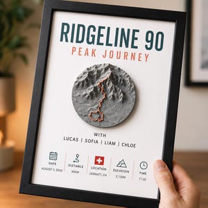 May include: A framed wall art print titled RIDGELINE 90 PEAK JOURNEY featuring a circular 3D grey mountain relief map with an orange trail path. Text includes names Lucas, Sofia, Liam, Chloe, date August 3, 2026, distance 90km, location Zermatt, CH, elevation 3,120m, and time 11:20.