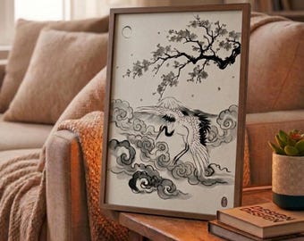 Grulla japonesa Fuji impresa en 3D - Marco integrado - Decoración de pared zen esculpida con textura única