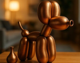 Escultura de perro con globo impresa en 3D: decoración de escritorio con acabado en bronce