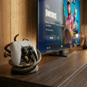 May include: A white and black video game controller rests in a bronze-colored, artistic holder. The holder has a unique, intertwined design. The controller and holder sit on a dark brown wooden cabinet, with a television displaying a video game in the background.