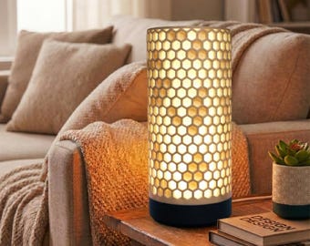 Lámpara geométrica con diseño de panal, lámpara de escritorio cilíndrica, decoración arquitectónica moderna, luz ambiental.