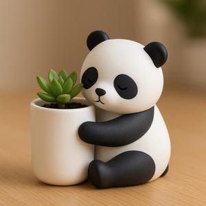 Puede incluir: Una figura de panda blanco y negro abrazando una pequeña maceta blanca con una suculenta verde. El panda tiene los ojos cerrados y detalles negros. La maceta es cilíndrica. La figura está sobre una superficie de madera.