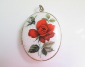Vintage guilloche enamel rose locket original inserts