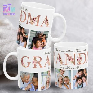 Personalized Grandma Letters with Flowers Ceramic Mug, Custom Photo Coffee Cup, Gift for Grandmother, Mother's Day Present, Floral Design