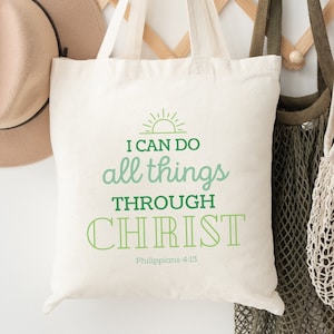 Canvas draagtas LDS-cadeau | Tas All Things Through Christ | LDS 2023 themacadeau jeugd | Cadeau christelijk geschrift | Filippenzen 4:13