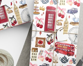 London Cherries Gift Wrap, British Birthday Party Decor
