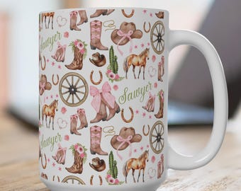 Taza de vaquera personalizada, taza occidental personalizada para regalo de amante de los caballos, taza de cerámica de vaquera, 15 oz.
