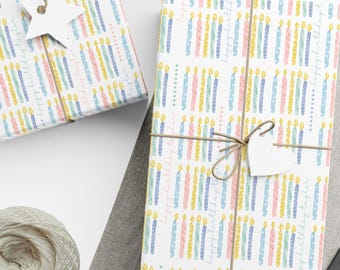 Birthday Wrapping Paper Custom Birthday Candle Gift Wrap Personalized Gift Wrap Paper Pastel Birthday Candles Wrapping Paper
