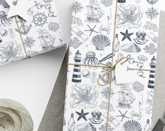 Papier cadeau sur le thème nautique : illustrations marines et côtières
