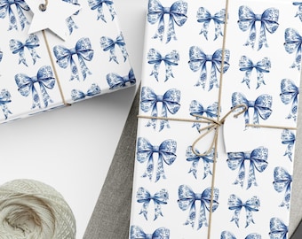 Bow Wrapping Paper Blue Toile Gift Wrap Preppy Gift Wrap Blue Toile Bow Wrapping Paper for Bridal Shower