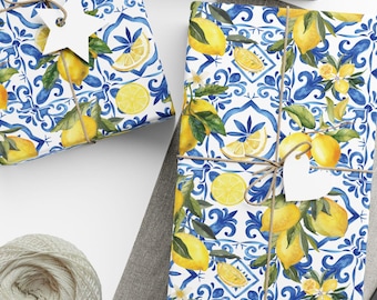 Lemon Wrapping Paper Mediterranean Wrapping Paper Blue Tile Wrapping Paper Blue Gift Wrap Citrus Gift Wrap Italian Aesthetic Gift Wrap